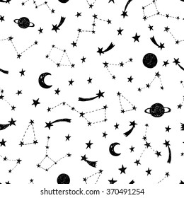 Stylized night sky seamless pattern with shining stars, constellations, planets, meteorites. Black and white hand drawn background.