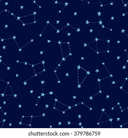 Stylized night sky seamless pattern with shining stars, constellations. Dark hand drawn background.