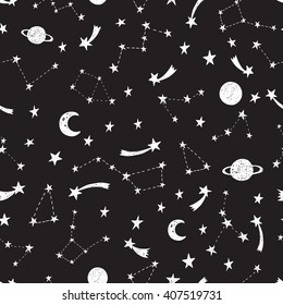 Stylized night sky seamless pattern with shining stars, constellations, planets, meteorites. Dark hand drawn background.