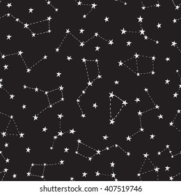 Stylized night sky seamless pattern with shining stars, constellations. Dark hand drawn background.