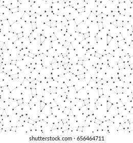 Stylized night sky seamless pattern with shining stars, constellations. White hand drawn background.
