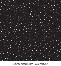 Stylized night sky seamless pattern with shining stars, constellations. Dark hand drawn background.
