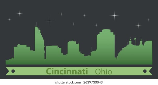stylized night skyline of Cincinnati, Ohio with green silhouette of buildings on a dark background against the sky with several stars and green ribbon for text
