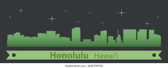 stylized night skyline of Honolulu, Hawaii with green silhouette of buildings on a dark background against the sky with several stars and green ribbon for text