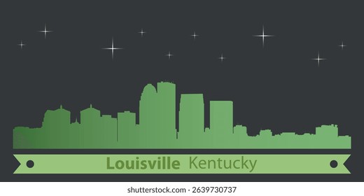 stylized night skyline of Louisville, Kentucky with green silhouette of buildings on a dark background against the sky with several stars and green ribbon for text