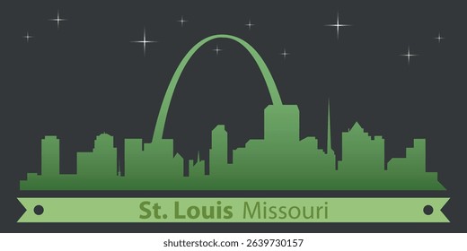 stylized night skyline of St. Louis, Missouri with green silhouette of buildings on a dark background against the sky with several stars and green ribbon for text
