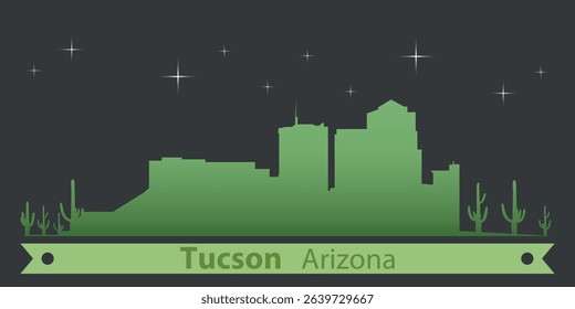  stylized night skyline of Tucson, Arizona with green silhouette of buildings on a dark background against the sky with several stars and green ribbon for text