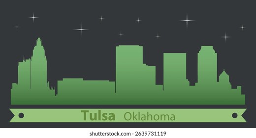 stylized night skyline of Tulsa, Oklahoma with green silhouette of buildings on a dark background against the sky with several stars and green ribbon for text