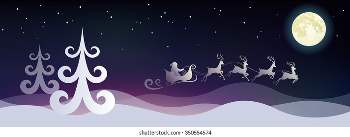 Stylized  night winter landscape with Santa and deers. Vector illustration