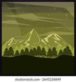 A stylized nocturnal landscape featuring snow-capped mountains, a forest of pine trees, and a starry sky
