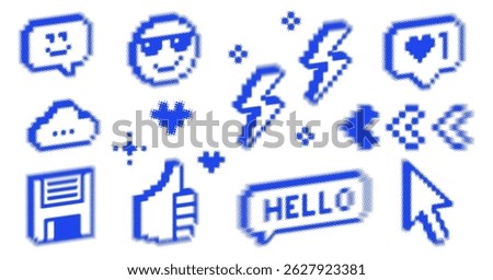 Stylized nostalgia shapes vector illustration. Halftone dot pattern. Abstract grunge overlay texture. Bold and grange dotted blue design elements set with thumbs up, smile face, heart, speech bubble