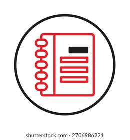 Ícone estilizado de notebook representando um bloco de notas em espiral com design minimalista. O gráfico simples é adequado para uma variedade de aplicativos, incluindo interfaces de usuário, apresentações e