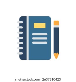 Stylized notebook and pencil flat icon with White Background