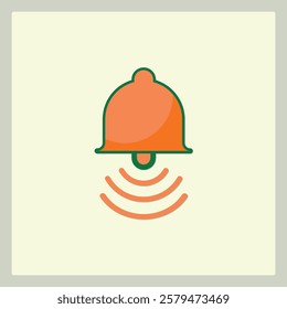 Stylized notification bell icon with sound waves in orange and green colors against cream backdrop