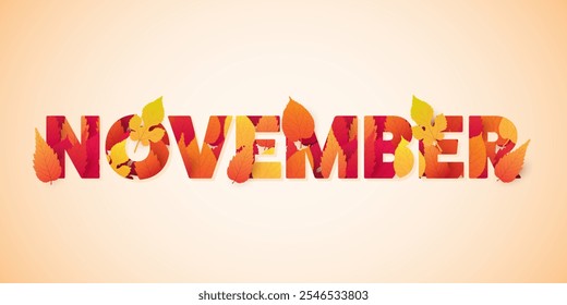 Stylized November Text, Typography or Banner Design, Template with Colorful Fallen Leaves of Autumn Colors: Red, Orange, Golden, Brown on Light Gradient Background