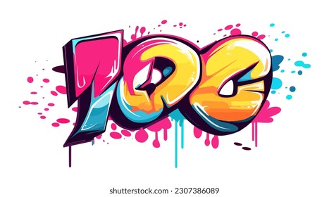 Stylized number "100", bright colorful graffiti, in comic style, with splashes, vector art