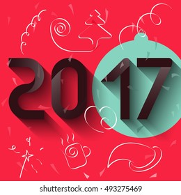 Stylized number 2017. Abstract vector background of New Year. Red background with confetti.