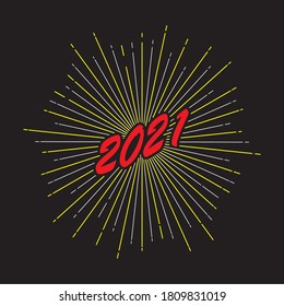 Stylized number 2021 with fireworks for a happy New Year and Christmas. Flat style
