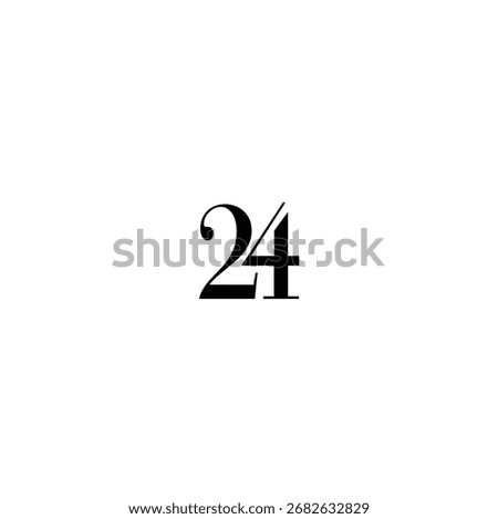 Stylized number 24 logo design, black graphic typography symbol isolated on white background. Minimalist vector illustration of 24 sign for modern branding and design projects