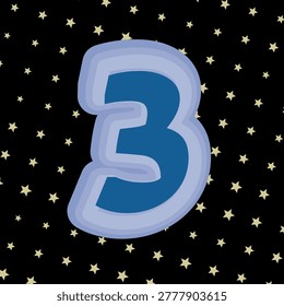 Stylized number 3, sea nautical twilight color palette, radial center gradient, shield crest, multi stroke lettering, varied star texture pattern, with moonlight, beach dusk, indigo wave, deep marine color