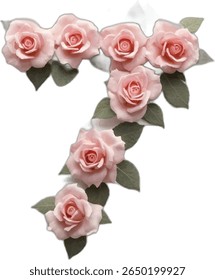A stylized number "7" seven is formed using light pink roses and their leaves, creating a visually appealing and elegant floral design.
