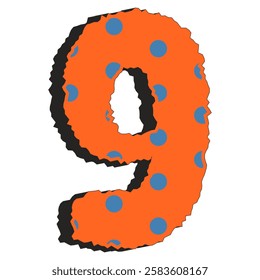 Stylized number 9 with orange background, blue polka dots, and jagged outline. Great for educational materials, posters, and playful designs. Vector art.