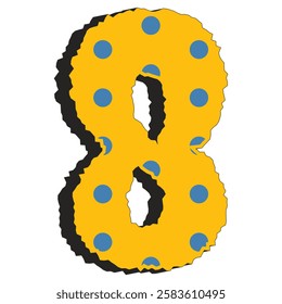 Stylized number eight with yellow background, blue polka dots, and a bold, jagged outline. Perfect for educational materials, posters, or playful designs. Vector art