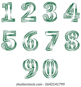 Stylized number set. Hollow striped digits. Decorative green typography. Vector numeric motif.