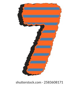 Stylized number seven with orange and blue stripes, rugged black shadow, and modern graphic design isolated on transparent background. Vector art