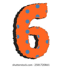 Stylized number six in bright orange with blue polka dots and a rough black shadow isolated on transparent background. Perfect for posters, kids designs, and educational materials. Vector art.