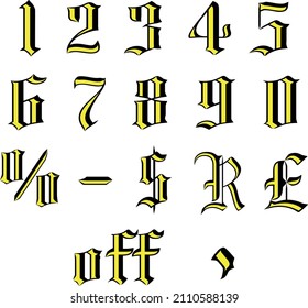 Stylized numbers from 0 to 9, black and yellow; editable; percentage, subtraction, dollar sign, reais, pound, off, comma