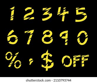 Stylized numbers from 0 to 9, black and yellow; vector; editable colors, editable and removable background; percentage, comma, dollar sign, off