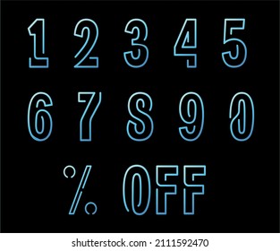 Stylized numbers from 0 to 9, blue neon; vector; editable colors, editable and removable background; percentage, off