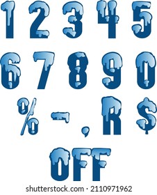 Stylized numbers from 0 to 9, ice, frozen, freezy, blue; editable; percentage, subtraction, dollar sign, reais, pound, off, comma