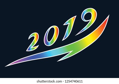 Stylized numbers of 2019 symbolizing the rise and development. Seven main colors of spectrum or rainbow. Also colors of flag, used in Peru, Bolivia and Ecuador as a symbol of native peoples.