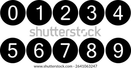 Stylized numbers 0–9 in a clean sans-serif font, each inside a solid black circle. Ideal for infographics, UI, labels, and educational materials.