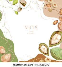 Stylized nuts on an abstract background. Pistachios, hazelnuts, almonds, nuts. Banner, poster, wrapping paper, sticker, print, paper, label. Vector illustration. 