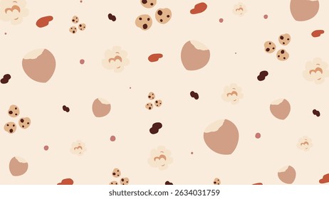 Stylized nuts, seeds, and warm leaves on a soft brown canvas. Great for seasonal food illustrations, eco visuals, and harvest themes.