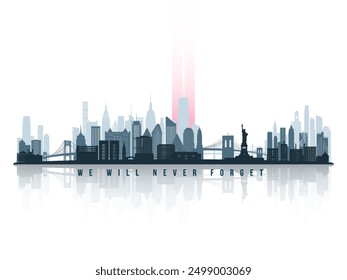 Stylized NYC skyline with tribute light  Statue of Liberty silhouette