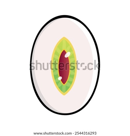 Stylized "O" shaped like an eye, with a green-yellow outline, red iris, and white highlights