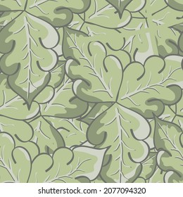 Stylized oak leaf vector seamless pattern background. Pastel sage green overlapping hand drawn leaves in arts and crafts style. Elegant botanical backdrop. Painterly foliage historical repeat