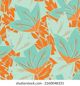 Stylized oak and maple leaf vector seamless pattern background. Tropical colour overlapping hand drawn leaves in arts and crafts style. Elegant botanical backdrop. Painterly foliage repeat