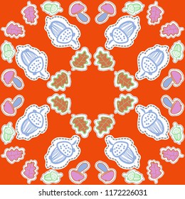 Stylized oaks leaves, acorns, mushrooms, dashed lines, labels pattern . Hand drawn.