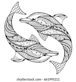Stylized ocean dolphin animal. Freehand sketch for adult anti stress coloring page with doodle and zentangle elements. Ornamental pattern for relax and meditation