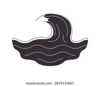 Stylized ocean wave 2D line object. Flowing dark water with curved lines. Sea movement. Marine energy. Aquatic tide splash isolated clipart vector outline item. Black and white spot illustration