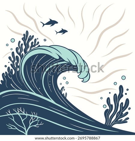 Stylized Ocean Wave with Dolphins and Coral water nature