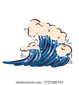 Onda oceánica estilizada con espuma y salpicaduras, movimiento dinámico del mar, concepto de energía hídrica, elemento de naturaleza costera, tema de viajes y aventuras. Ilustración vectorial de dibujos animados.