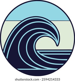 Stylized Ocean Wave Illustration in Circular Frame