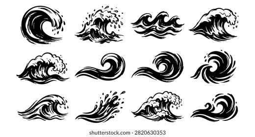 Stylized Ocean Wave Patterns in Blue and Teal for Graphic Design Projects, Set of stylized blue ocean wave icons and water splash illustrations for surf and nature designs, Set of black wave vector icons representing ocean sea water surf tsunamis and splash symbols isolated on white background