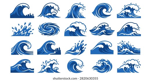 Stylized Ocean Wave Patterns in Blue and Teal for Graphic Design Projects, Set of stylized blue ocean wave icons and water splash illustrations for surf and nature designs, Set of black wave vector icons representing ocean sea water surf tsunamis and splash symbols isolated on white background